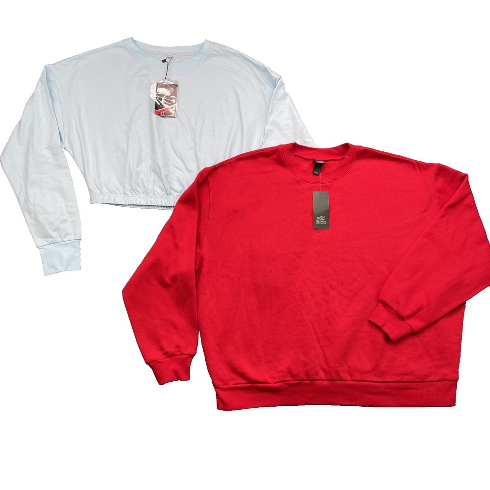 Sweatshirt Lot 2 Womens Large Red Blue Cropped Boxy Oversized Sweater Sportswear - Picture 1 of 11